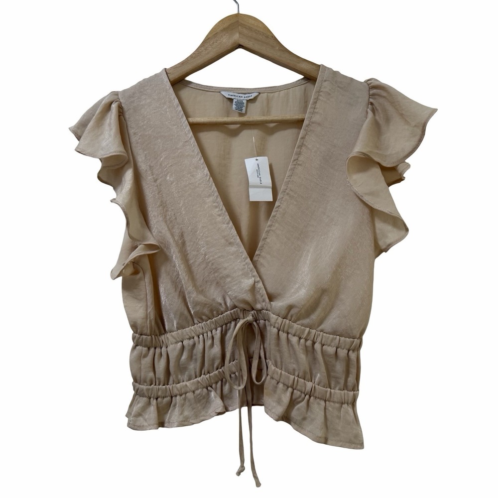 American Eagle Womens Peasant Satin Cropped Top Size M Cream Cottagecore NEW